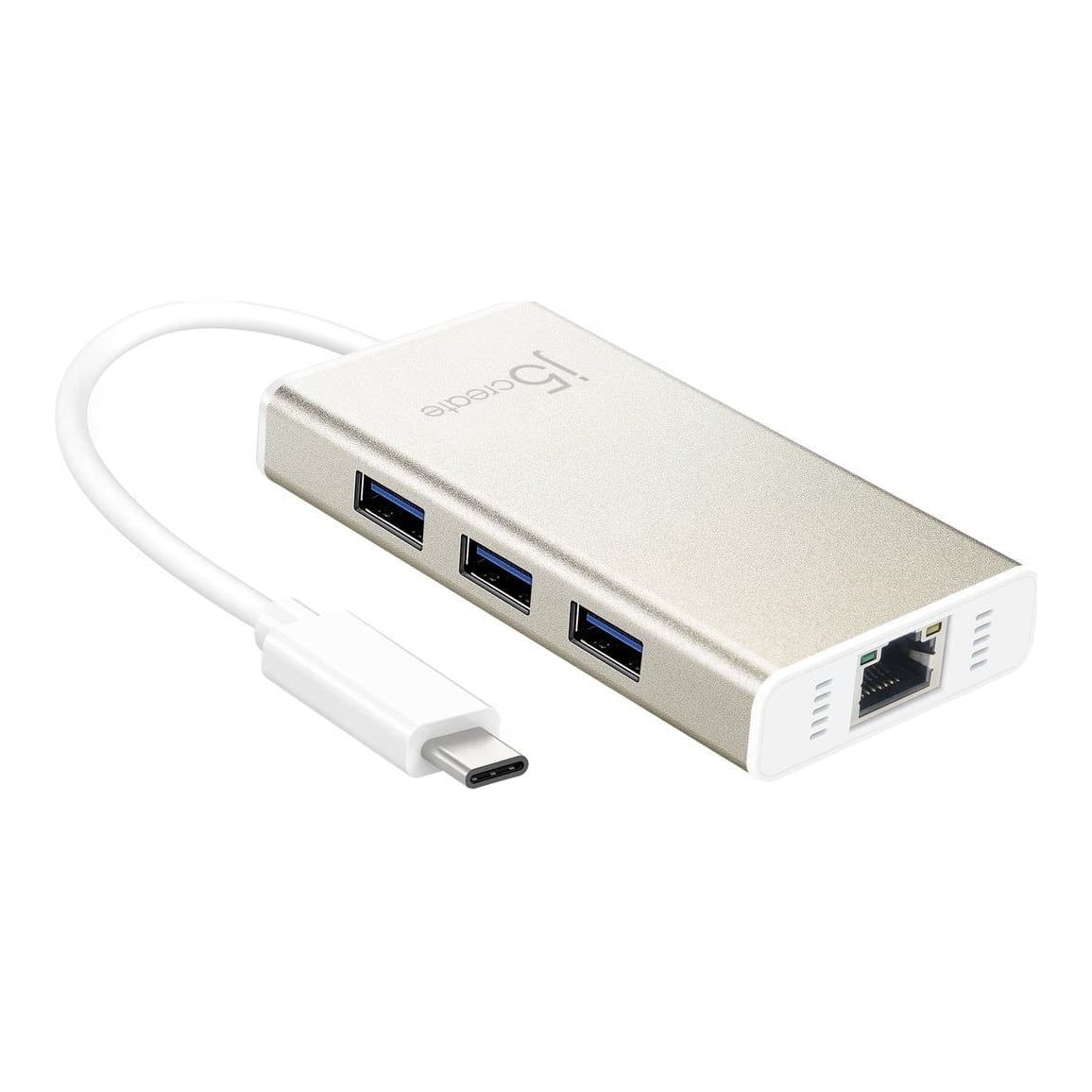 j5create JCH471 USB-C™ Gigabit Ethernet & Hub Multi Adapter, Metallic Champagne, Wired, USB Type-C, 10,100,1000 Mbit/s, IEEE 802.1Q, IEEE 802.3, IEEE 802.3ab, IEEE 802.3az, IEEE 802.3u, IEEE 802.3x, Aluminium, White, 5 Gbit/s