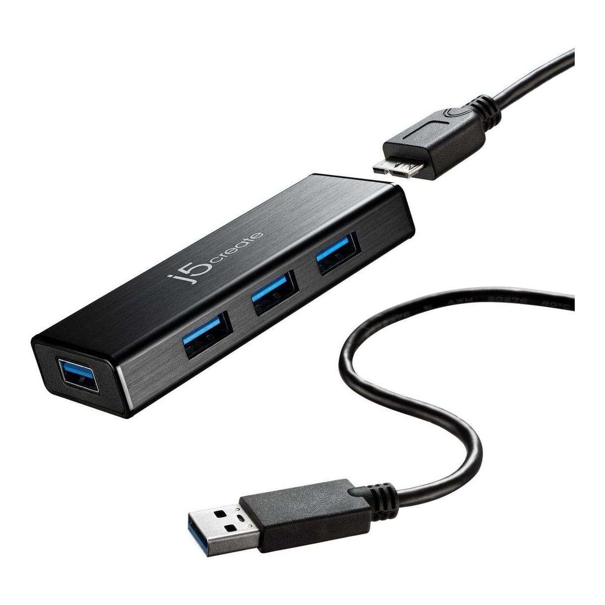 j5create JUH340 USB 3.0 4-Port Hub, USB 3.2 Gen 1 (3.1 Gen 1) Micro-B, USB 3.2 Gen 1 (3.1 Gen 1) Type-A, 5000 Mbit/s, Black, Aluminium, 0.6 m