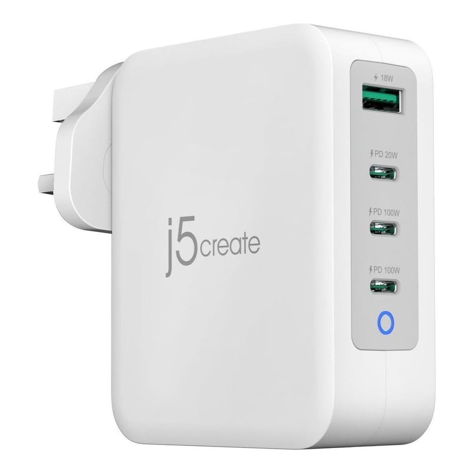 j5create JUP43130F-FN 130W GaN USB-C® 4-Port Charger - UK, Indoor, USB, Grey, White