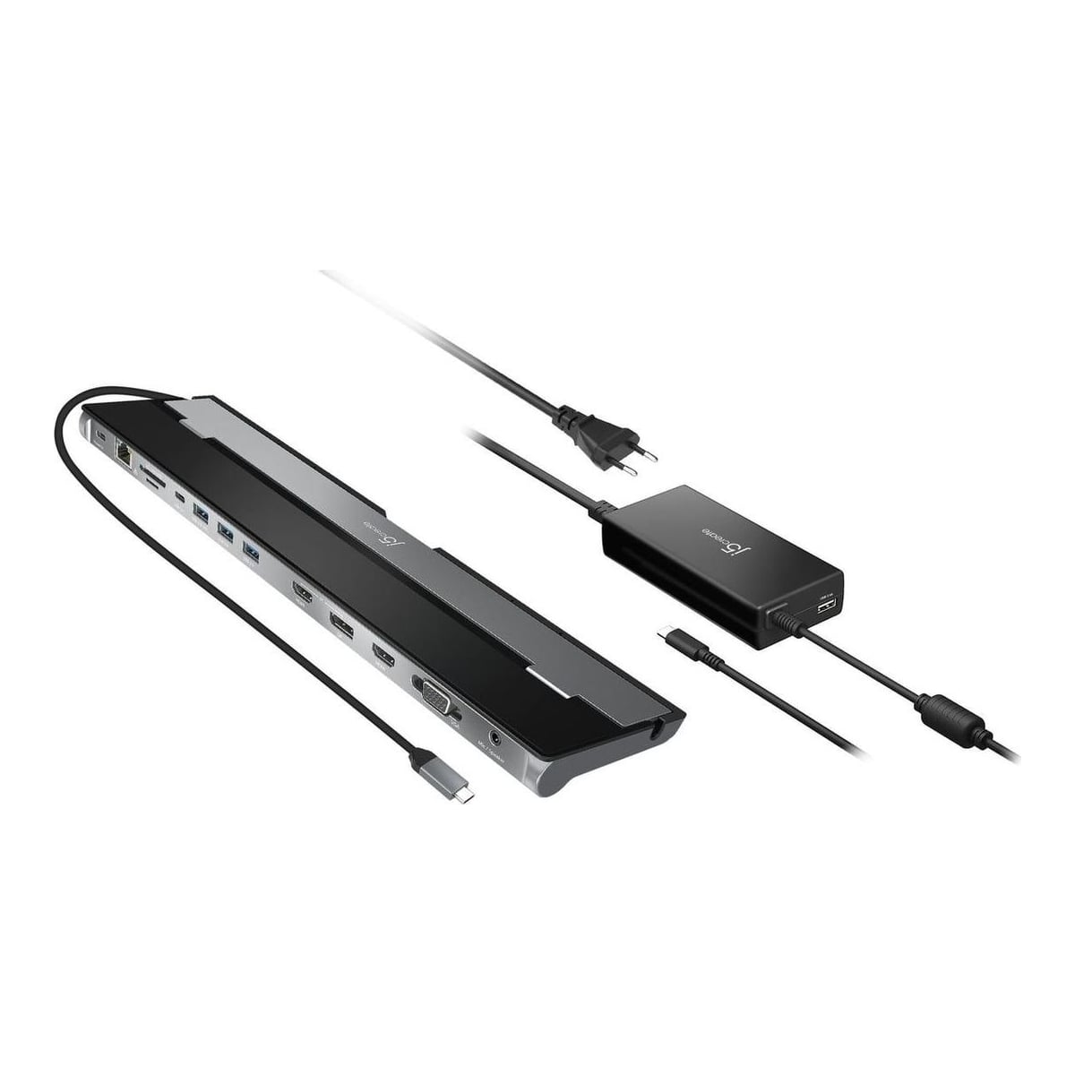 j5create JCD543P USB-C™ Triple Display Docking Station with 100W PD Adapter, Wired, USB 3.2 Gen 1 (3.1 Gen 1) Type-C, 100 W, 3.5 mm, 10,100,1000 Mbit/s, Black, Silver