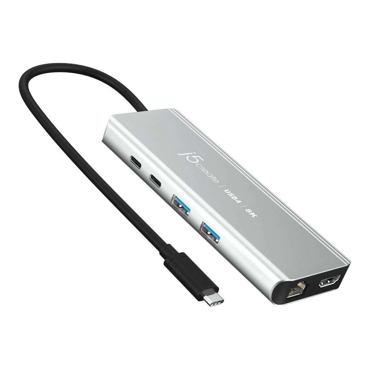 j5create JCD403 USB4® 8K Multi-Port Hub, USB Type-C, HDMI, RJ-45, USB 3.2 Gen 2 (3.1 Gen 2) Type-A, USB 3.2 Gen 2 (3.1 Gen 2) Type-C, 10000 Mbit/s, 3840 x 2160, 7680 x 4320, 7680 x 4320 pixels, Grey
