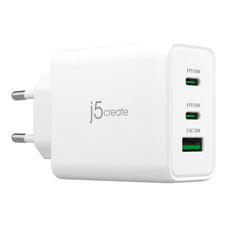 j5create JUP3365E-EN 65W GaN USB-C® 3-Port Charger, Indoor, AC, White