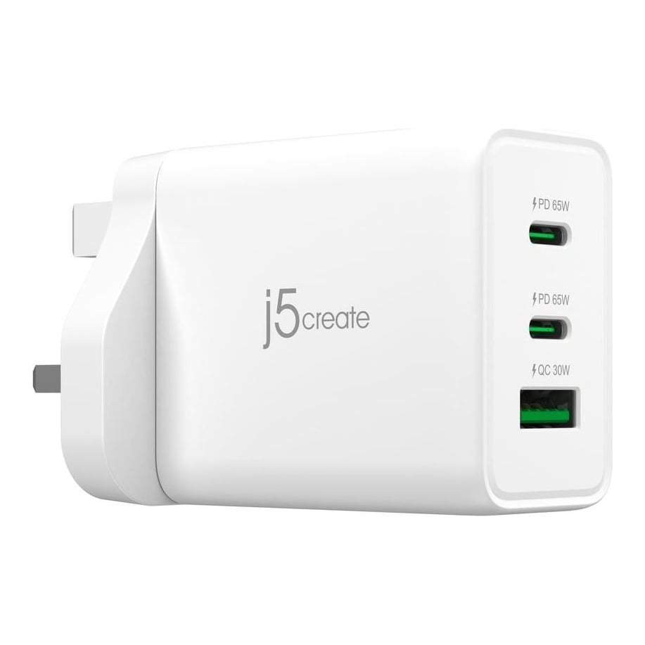 j5create JUP3365F-FN 65W GaN USB-C® 3-Port Charger - UK, Indoor, AC, White
