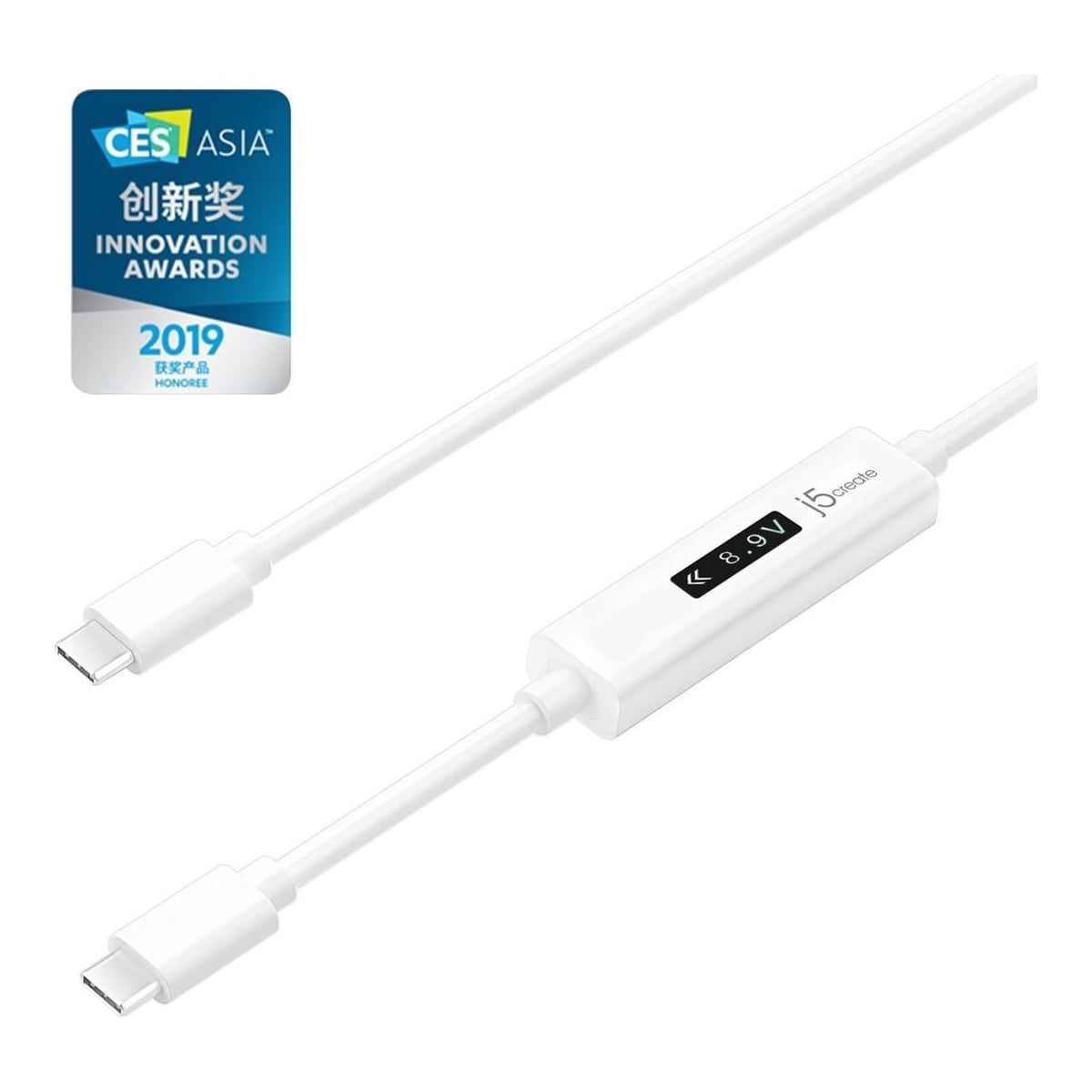 j5create JUCP14 USB-C™ 2.0 to USB-C™ Cable With OLED Dynamic Power Meter, White, 1.2 m
