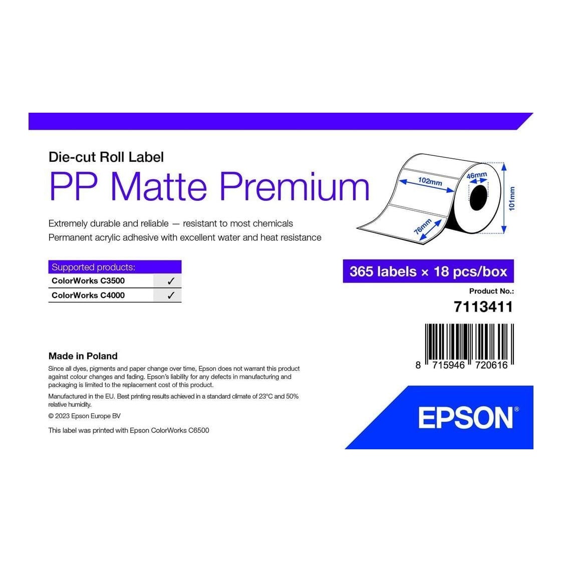 Epson PP Matte Label Premium, Die-cut Roll, 102mm x 76mm, 365 Labels, White, Self-adhesive printer label, Die-cut label, Roll, Inkjet, Acrylic