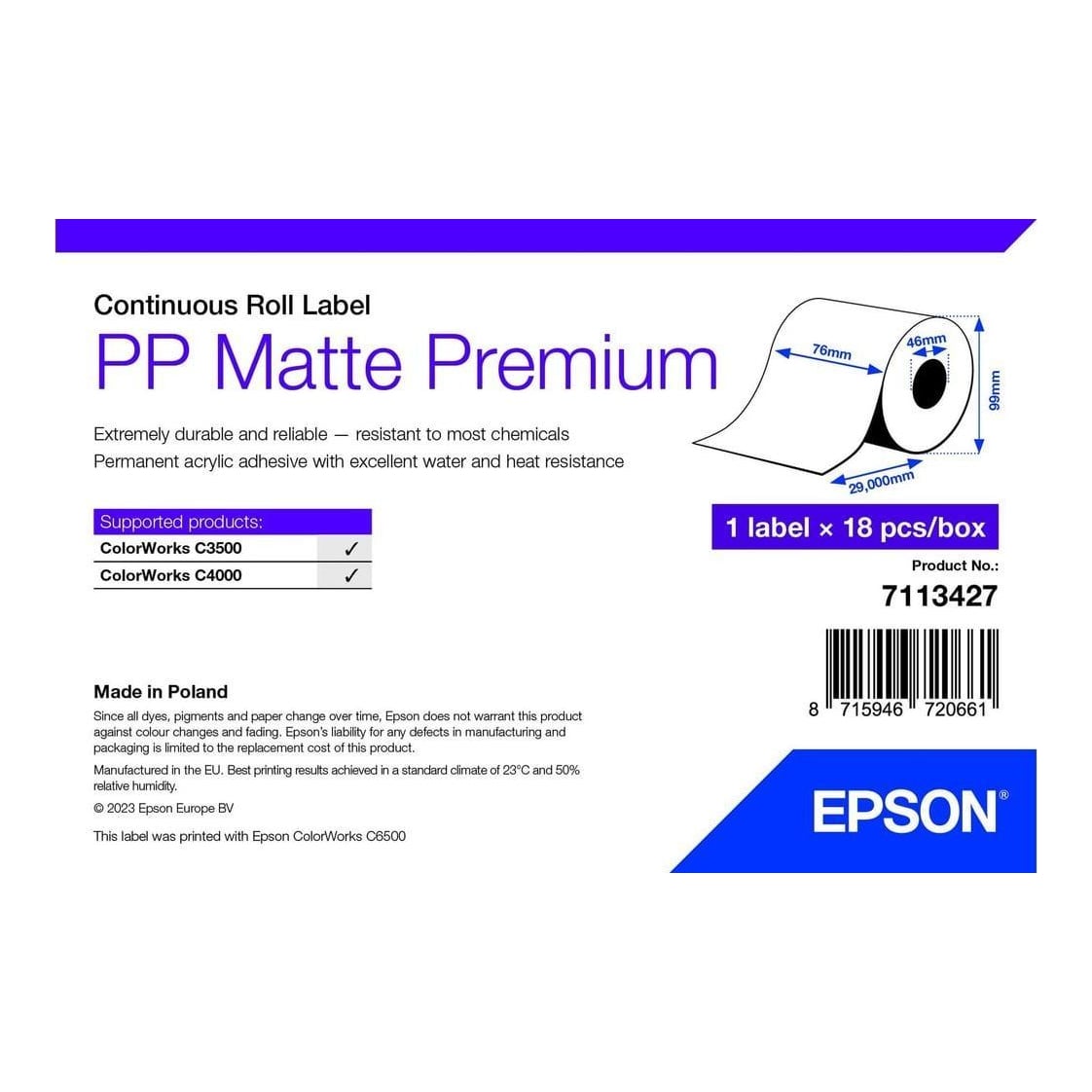 Epson PP Matte Label Premium, Continuous Roll, 76mm x 29m, White, Self-adhesive printer label, Continuous label, Roll, Inkjet, Acrylic