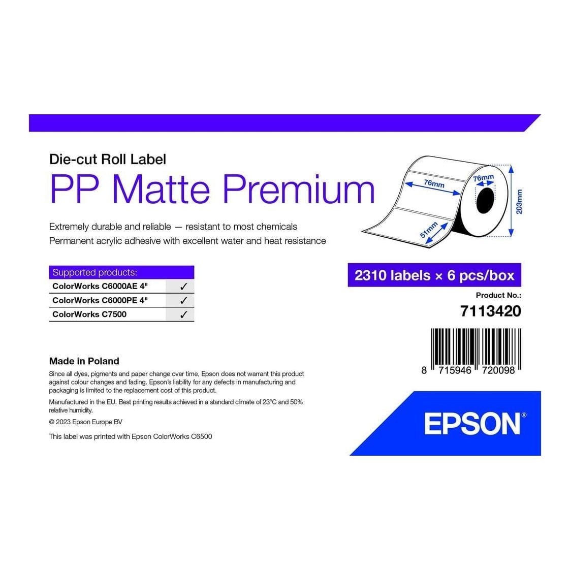 Epson 7113420, White, Self-adhesive printer label, Die-cut label, Roll, Inkjet, Acrylic
