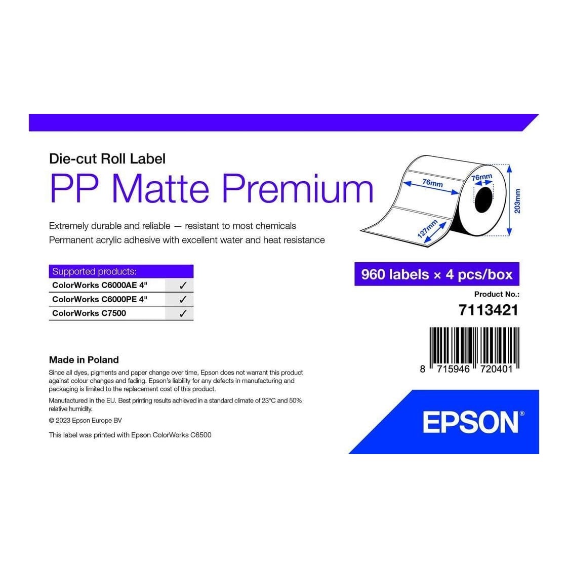 Epson 7113421, White, Self-adhesive printer label, Die-cut label, Roll, Inkjet, Acrylic