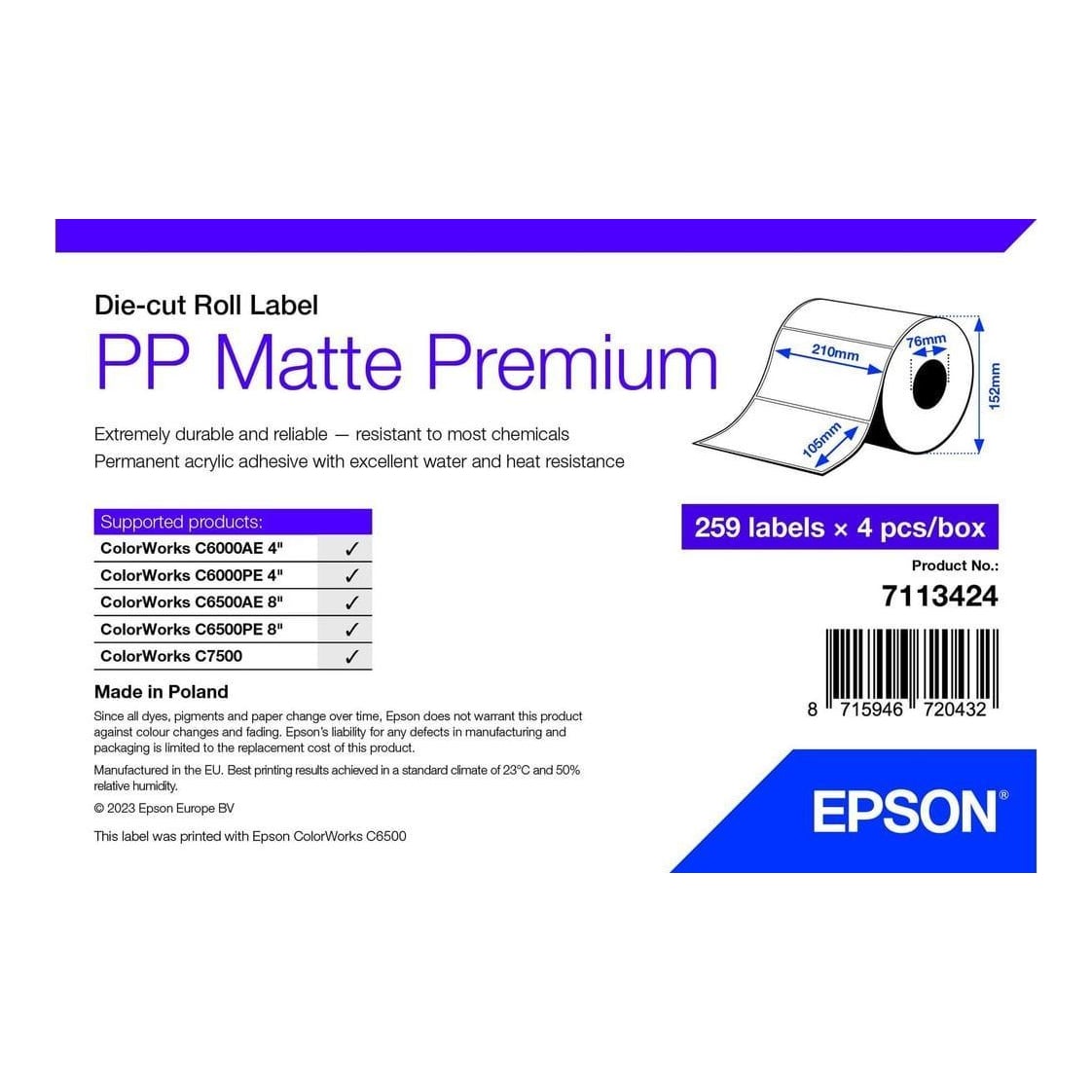 Epson 7113424, White, Self-adhesive printer label, Die-cut label, Roll, Inkjet, Acrylic