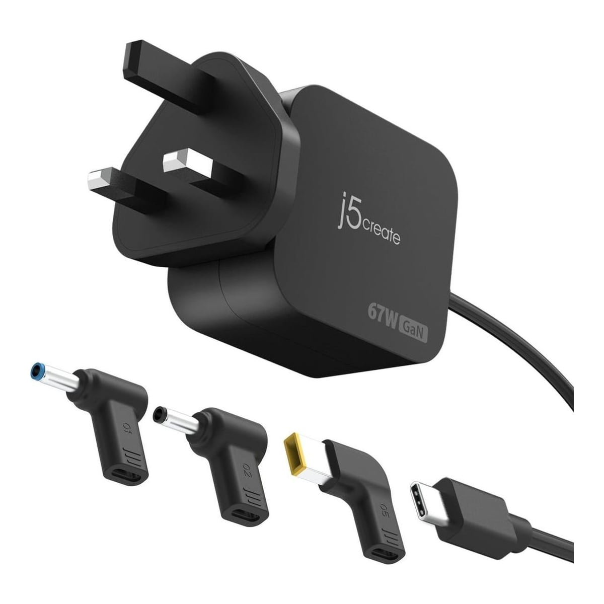j5create JUP1565DCF3A-FN 67W GaN PD USB-C® Mini Charger with 3 Types of DC Connector - UK, Black