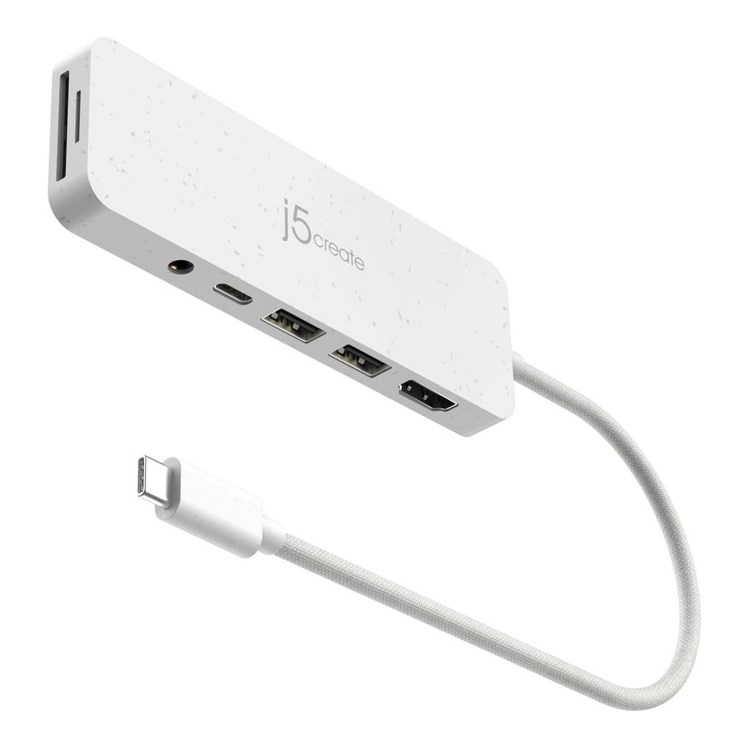 j5create JCD373EW - USB-C® Multi-Port Hub with Power Delivery, USB Type-C, 3.5mm, HDMI, USB 3.2 Gen 1 (3.1 Gen 1) Type-A, USB Type-C, MicroSD (TransFlash), SD, 5000 Mbit/s, White, 100 W