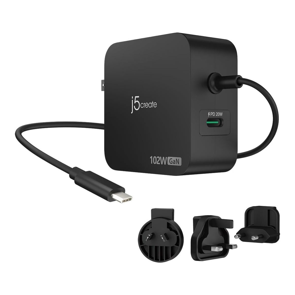 j5create 102W GaN PD USB-C 2-Port Charger with Changeable AC Plugs, Indoor, AC, USB, 1.8 m, Black