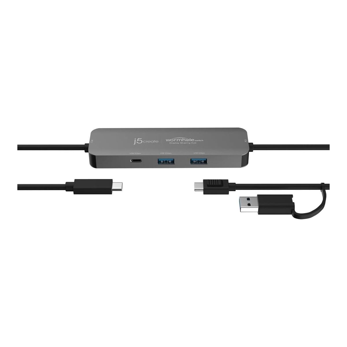 j5create JCH462 Wormhole Switch™ Display Sharing Hub, Black, USB 3.2 Gen 1 (3.1 Gen 1) Type-A + Type-C, USB 3.2 Gen 1 (3.1 Gen 1) Type-A, USB 3.2 Gen 1 (3.1 Gen 1) Type-C, 5000 Mbit/s, Grey, Aluminium, Taiwan
