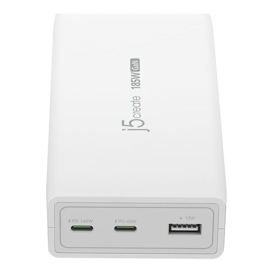 j5create JUP37185W 185W GaN PD 3.1 USB-C® 3-Port Charger-EU, Black, Indoor, AC, 20 V, White