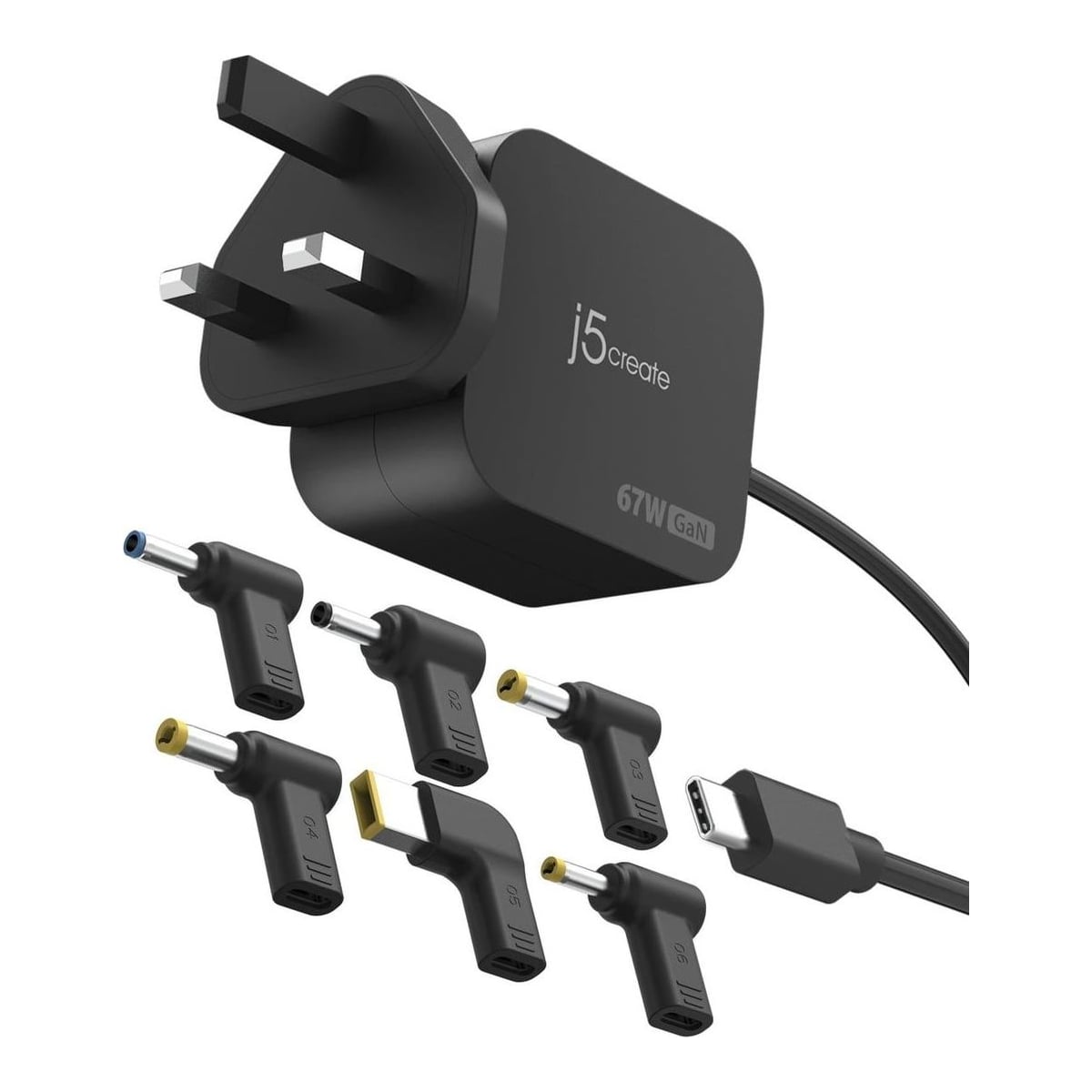 j5create JUP1565DC 67W GaN PD USB-C® Mini Charger with 6 Types of DC Connector-UK, Black, Indoor, AC, Black