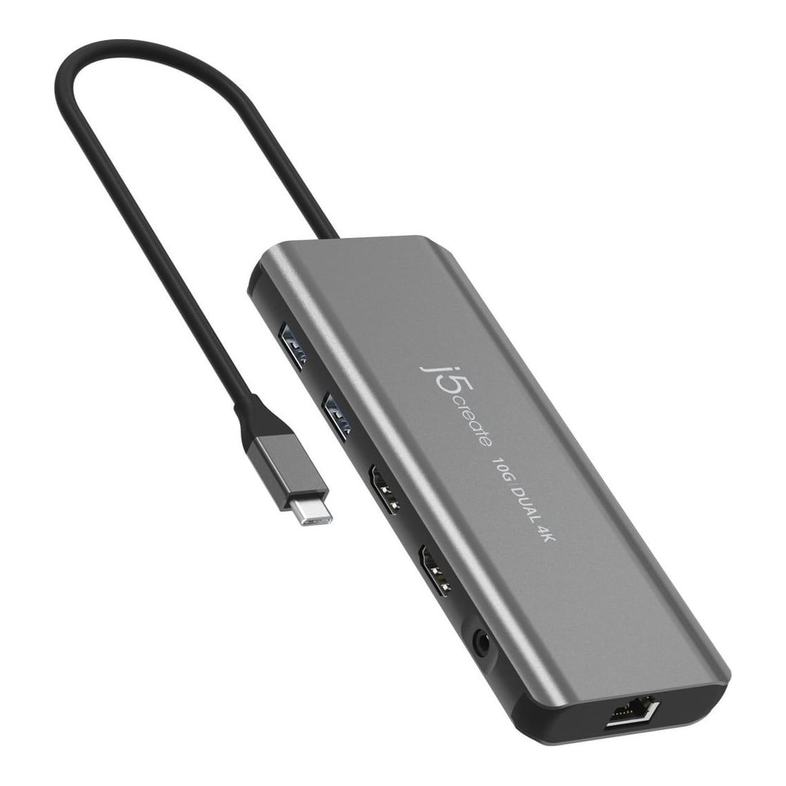 j5create JCD398 USB-C® Dual 4K HDMI™ 10Gbps Mini Dock, Black, Wired, USB 3.2 Gen 2 (3.1 Gen 2) Type-C, 100 W, 10,100,1000 Mbit/s, Grey, Space Grey