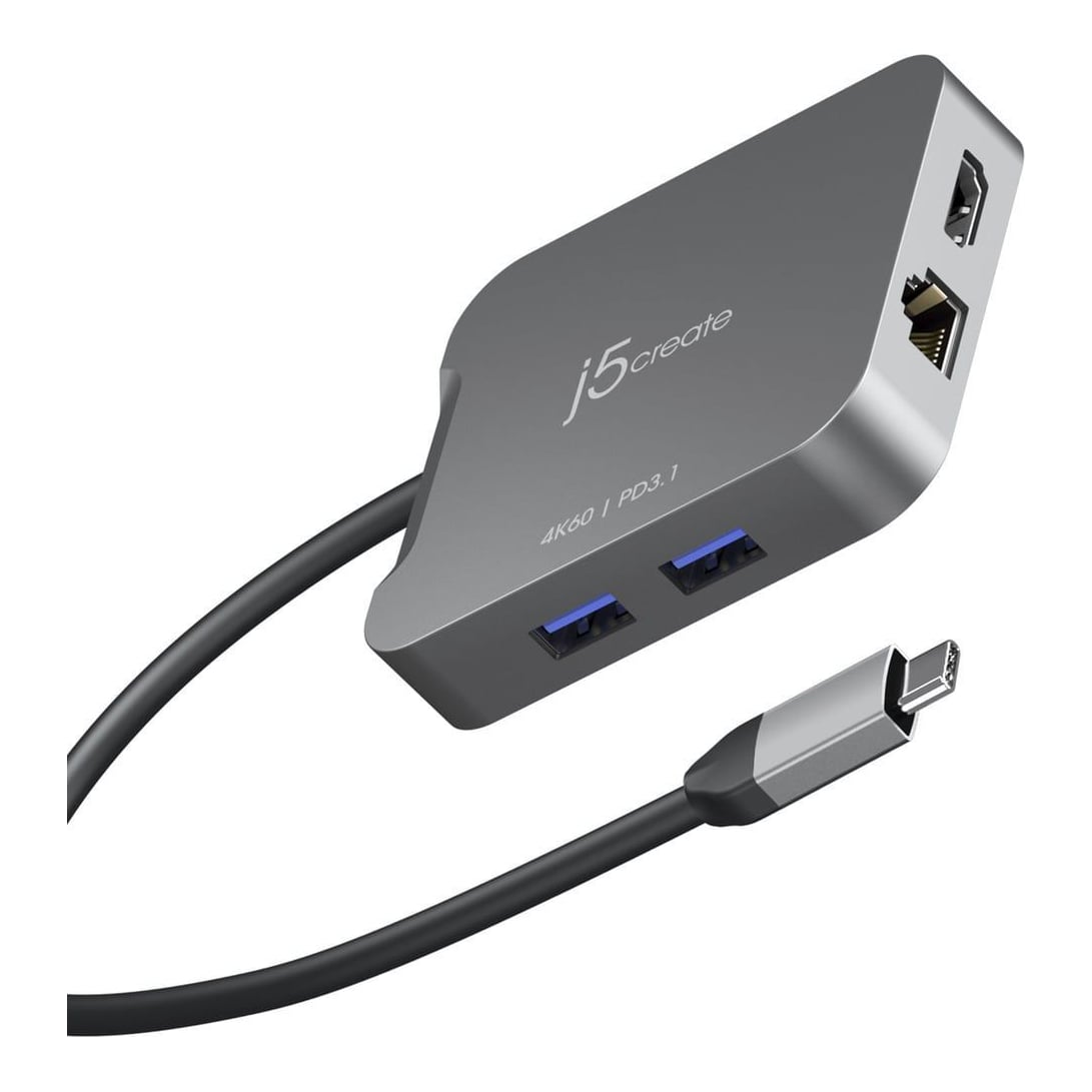 j5create JCD3191 4K60 Elite USB-C® Travel Adapter, Black, Wired, USB 3.2 Gen 2 (3.1 Gen 2) Type-C, 140 W, 10,100,1000 Mbit/s, Grey, Space Grey