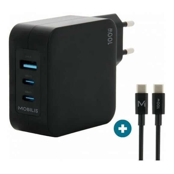 Mobilis Charger 100W 2USB C 1USBA GaN cable 100W, Indoor, AC, Black