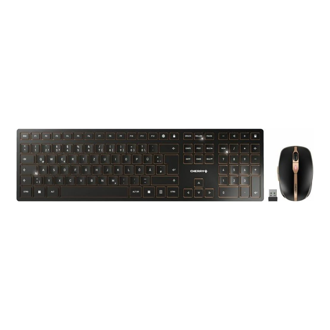 CHERRY DW 9100 SLIM, Wireless, RF Wireless + Bluetooth, Scissor key switch, QWERTY, Black, Bronze, Mouse included